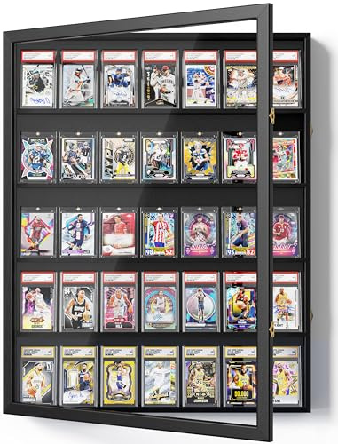 Emfogoo Card Display Case, Large Trading Card Display Frame Wall Mount, 35 Graded Sports Display Frame with UV Protection Clear View Lockable for Football Basketball Comic Trading Cards (Black)