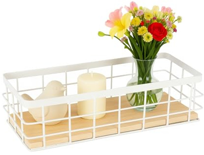 Cesta de alambre con base de madera de metal para almacenamiento en cocina, baño y oficina, cesta de almacenamiento en diseño industrial para estantería, despensa y cajón, color blanco