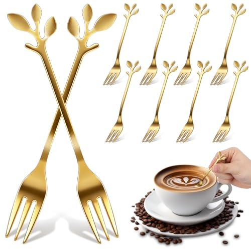SHINEOFI Set di mini forchette dorate in acciaio inox per antipasto, frutta e dessert, forchette di lumaca, multifunzionali, compatte e leggere, per cocktail e caffè