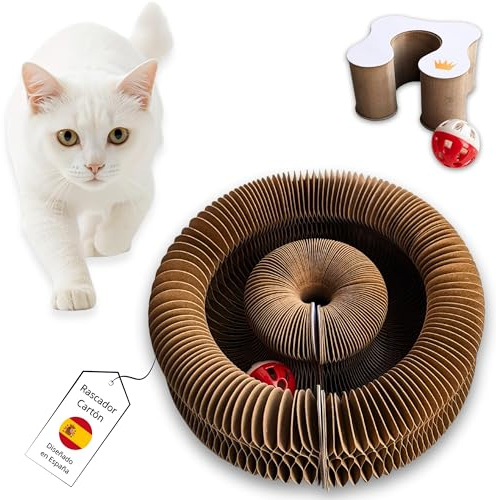 Mablik® Rascador para Gatos Interactivo, de Cartón Corrugado, Extensible con Imanes. Incluye Bola con Cascabel. Diseño Modular Tipo Acordeón – Juguete Interactivo Gato Antiestrés