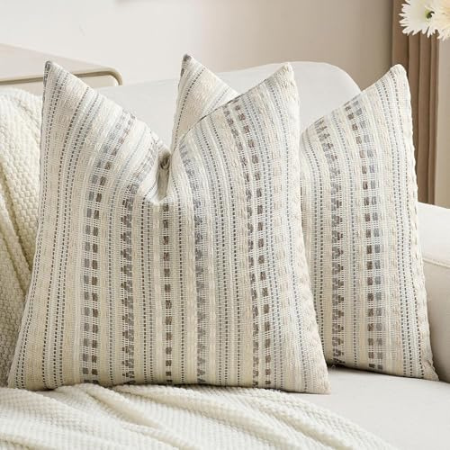 Ystyle Federe Cuscini Divano 40 x 40 Confezione da 2, Copricuscini Divano in Chenille Morbida, Strisce Decorative in Stile Rustico, Adatto per Soggiorni e Camere Da Letto, Grigio Bianco