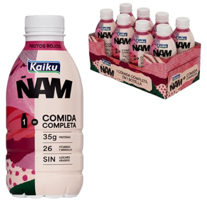 KAIKU ÑAM - Frutos Rojos Pack 8 x 500 ml, Sabor Afrutado, Bebida Lista para Tomar, 35 g de Proteína, 26 Vitaminas y Minerales, sin Azúcares Añadidos, sin Gluten, Bajo en Grasas, Comida Completa