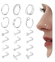 Diamday 18 Unidades Piercing Nariz Mujer Hombre 18G 20G Acero Quirúrgico Hipopirénico Oro 14K Plata Stud Nasal Forma L Aros Serpiente Ópalo CZ Geométrico Piercing Nostril Hélice Trago Joyería Corporal