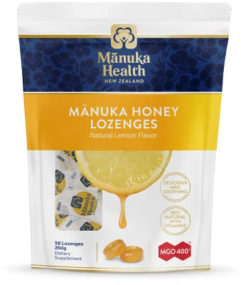 Manuka Health Manuka Honey Cough Drops – 58 Natural Lemon Flavored Throat Lozenges Infused with Raw Manuka Honey and Vitamin C for Immune Support