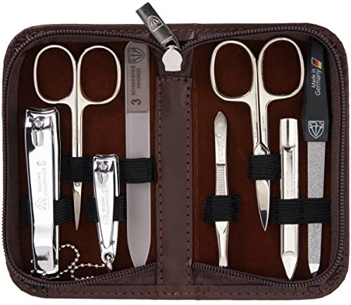 DREI SCHWERTER - Maniküreset 'Roma' - Nageletui mit 8 Instrumenten: Nagelschere, Hautschere, Fuß/Finger-Nagelknipser, Nagelreiniger, Pinzette, Glasnagelfeile, Saphirnagelfeile - braun