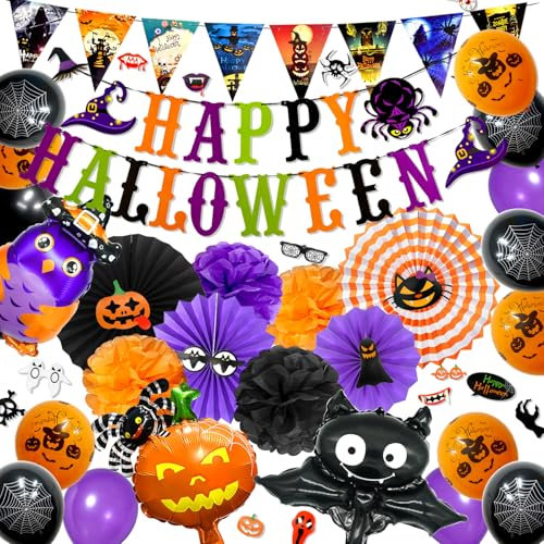 Mauts Halloween decorations party set indoor decorations includes halloween flags, paper fan flowers, paper fan balls(Halloween 1)