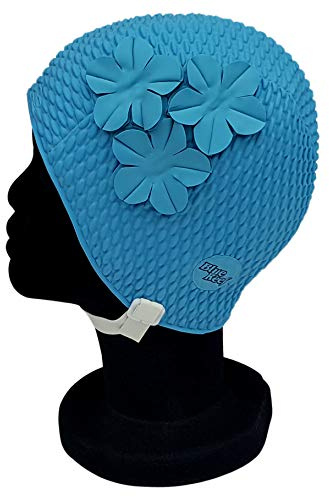 Blue Reef Oslo Bubble Bonnet de bain pour femme Motif floral classique rétro 3 fleurs avec sangle réglable Bleu