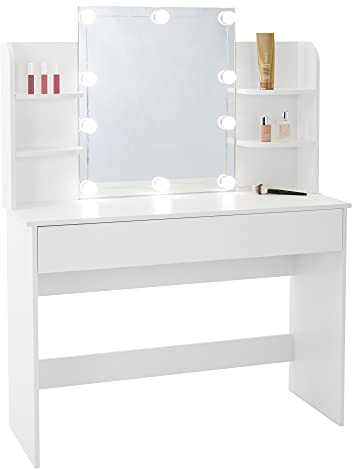 ECD Germany Tavolo da Toeletta Bianco con Illuminazione LED 108x40x140 cm in Legno MDF con Cassetto e Scomparti Tavolo Cosmetico Moderno per Camera da Letto Tavolo da Trucco Specchiera con Luci a LED