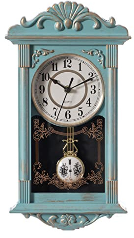 Clockswise Reloj de Pared Decorativo con péndulo de plástico con Aspecto de Madera, Funciona con Pilas, para Oficina, decoración del hogar, Sala de Estar, Cocina o Comedor, Color Azul con diseño