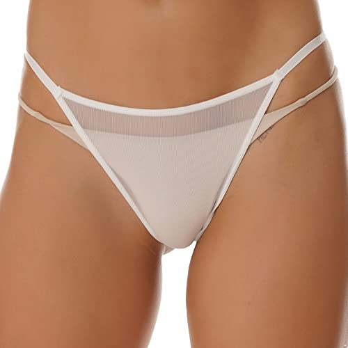 JEATHA String Femme Slip Transparent Maille Résille Ajouré Tanga Thong Chic Ficelle Mini Bikini Triangle Bikini Underwear S-L Blanc M