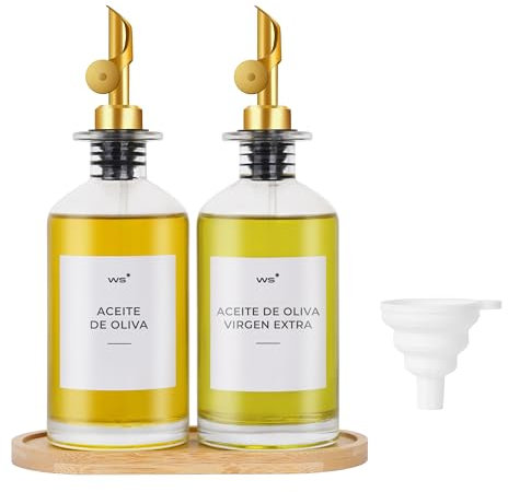 Winter Shore Distributeur Huile d'Olive 350 ml [Lot de 2] - Bouteille Verre Huile avec Bec Verseur Acier, Plateau Bambou & 9 Étiquettes - Buses de Distribution Auto - Récipients Vinaigre, Sirop, Café