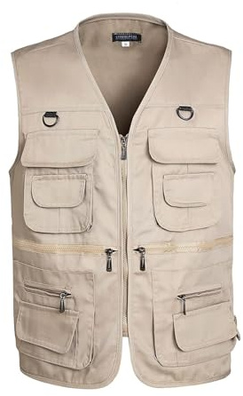 LBL - Chaleco de pesca para hombre, chaleco de viaje para trabajo al aire libre, chaleco de viaje con múltiples bolsillos, chaleco para camping, caza, fotografía, ropa exterior, caqui, L