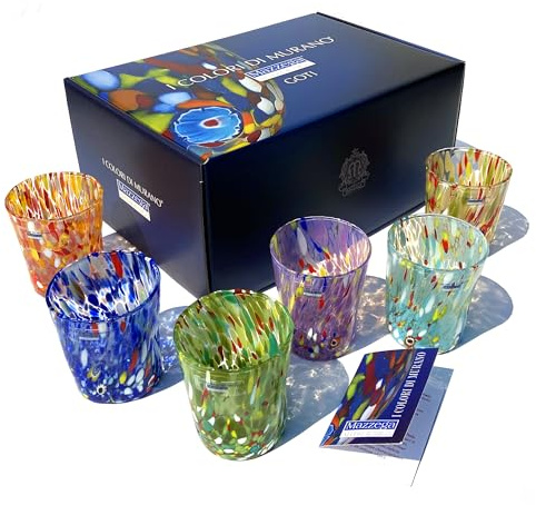 MAZZEGA ART & DESIGN - 6 Goto Tumbler Gläser aus Glas, mundgeblasen und handgearbeitet mit Murano-Murrine - Die Farben von Murano - Wasserglas Tumbler Colombina 350 ml. Made in Italy (6, Mix + Box)