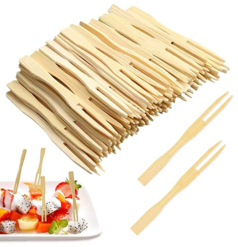200PCS Wooden Fruit Forks, Two Prongs Fruit Forks Disposable Cocktail Food Picks Bamboo Party Forks Cocktail Food Picks 3.5 Inch Blunt-end Forks for Home and Party