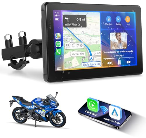 Podofo Pantalla Carplay inalámbrica 7 pulgadas para motocicleta CarPlay portátil y Android Auto para motocicleta,pantalla táctil impermeable con doble Bluetooth,navegación en motor/12V
