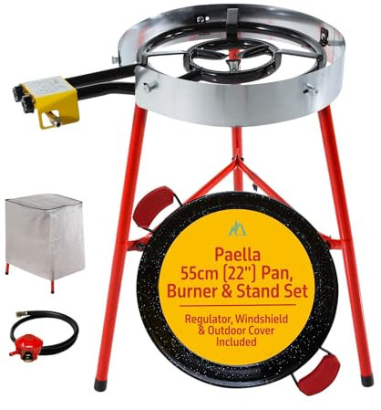 Camp&Fire Paella Pan Set | Gas Burner & Tripod Stand Full Set | 16 Servings (55cm) Enamelled Steel Paella Pan with Windshield, Regulator, Gas Hose & Outdoor Cover.