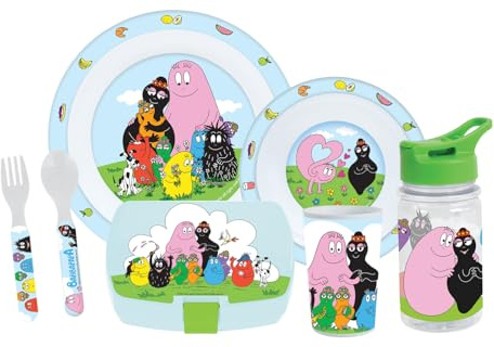 Lot vaisselle - FUN HOUSE - BARBAPAPA - Verre, assiette Ø22 cm et Ø16 cm, couverts, gourde et boite goûter