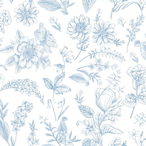 LiKiLiKi Peel and Stick Wallpaper 44 x 300 cm Blue and White Floral Wallpaper Vinyl Wrap Boho Contact Paper for Furniture Bathroom Bedroom Self Adhesive Waterproof Easy to Clean