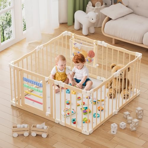 Atoping Wooden Baby Playpen 50 × 50 Inches, Foldable Playpen Fence with Cute Digital Blocks & Storage Bag, Wooden Baby Gate, Multi-Shape Play Yard for Babies and Toddlers Indoor Outdoor