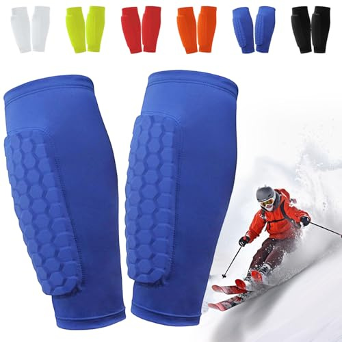 Protection Tibia Ski, Protege Tibia Ski Adulte,1 Paire Chaussette Protege Tibias, Protecteurs de Tibias Élastiques Anti-Collision Longs, Structure en Nid d'abeille, pour Le Skier/Football (Bleu, L)