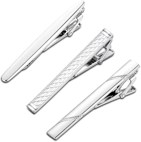 Pince à Cravate Homme Argentée en Métal, Lot de 3 Pinces à Cravate, 3 Styles Assortis pour Changer Selon la Tenue, Maintien Cravate Sécurisé, Accessoire Costume pour Bureau et Mariage