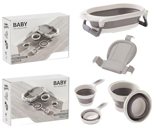 Baby Badewanne Faltbar Set 4 in 1, Faltbare Babybadewanne mit Badewanneneinsatz, Waschschüssel und Schöpfkelle, Platzsparendes Bade-Set für Babys und Kleinkinder, Hellgrau, RJ317