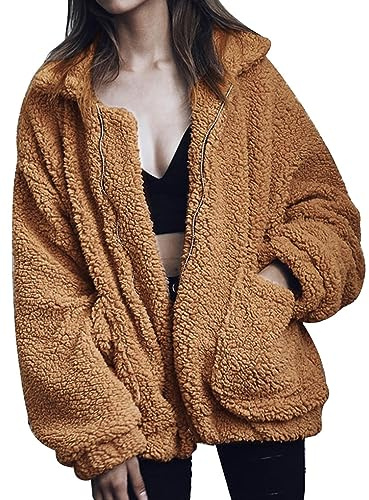 Comeon Womens Faux Fur Jacket Shaggy Oversized Teddy Winter Coats, Camel-S
