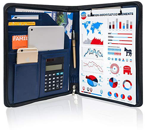 GraduationMall Schreibmappe A4 Reißverschluss, Klemmbrett Business Mappe Konferenzmappe, Dokumentenmappe Leder, Portfolio Padfolio Blau