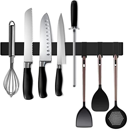 Black Magnetic Knife Strip for Refrigerator - Larger 17 inch Double Sided Stainless Steel Magnetic Kitchen Knife Holder with hooks for Wall/fridge - Strong Knife Strip Magnet/Knife Rack/Knife Bar