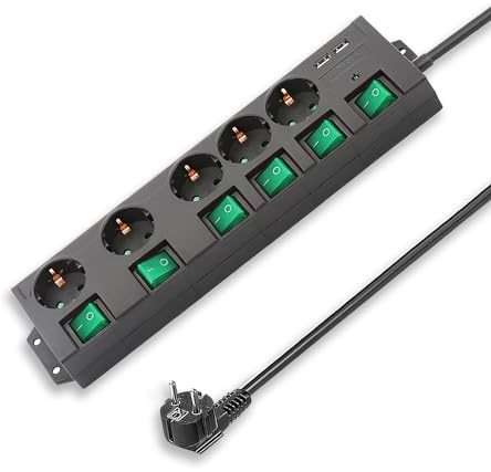 KS Mehrfachsteckdose, 5 Fach Steckdosenleiste mit 2 USB und 12000A Überspannungsschutz und Blitzschutz Steckerleiste einzeln schaltbar 3680W, Kindersicherung, 2m Kabellänge (5-Fach(Schwarz&Grün))