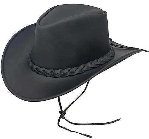 Pamposh Cowboy Hat für Herren und Frauen - Premium Leder Australischer Busch Hat - Leichter Western Hut - Formbarer Cowgirl Hut Mit Breiter Krempe - Party Kostüm Outfit für Reisen und Sonnenschutz