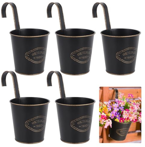 Fippy 5 Stück Blumentöpfe zum Aufhängen aus Metall, Eisen 10cm Blumentopf Hängend Outdoor mit Abnehmbarem Haken, für Balkon Zaun, Garten Dekor