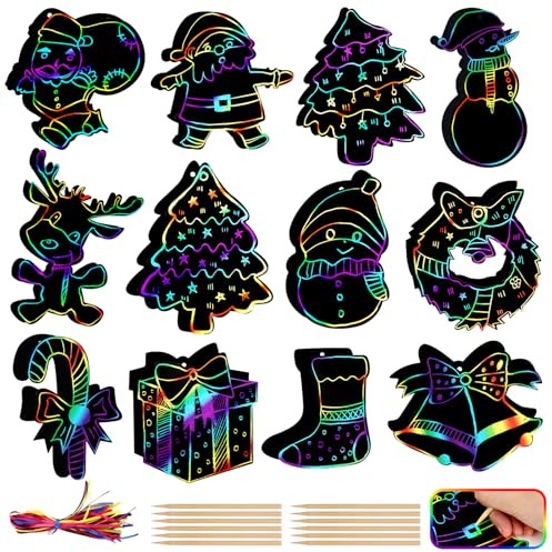 GTGOOG Lot de 36 Images à Gratter de Noël Pour Enfants, 36 Cordes, 12 Crayons en Bois, Parfaits Pour Les Travaux Manuels Pour Enfants, Décorations de Sapin de Noël