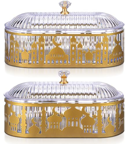 Perthlin 2 Piezas Bandejas de Ramadán con Tapa Dorado Bandeja de Metal de Eid Mubarak Plato de Dulces Ramadán Decoraciones de Mesa Bandeja de Comida Musulmana Islam Contenedor de Galletas Al-Fitr