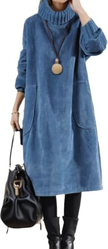 Goolecrimp Abito Invernale in Velluto a Coste da Donna con Tasche Abito in Velluto a Coste con Collo Alto e Velluto Spesso di Media Lunghezza Abito Lungo Caldo in Taglie Forti (Blu,L)