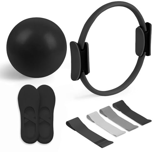 Pilates Essential Kit - Portable Fitness Equipment - with Toning Pilates Ring & Long Resistance Bands & Loop Bands & Soft Ball & Grip Socks (Black)