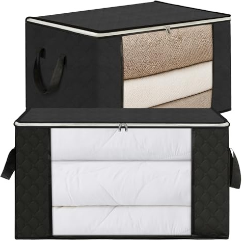 AiQInu Cajas Almacenaje Ropa, 2PCS 90L Plegable Bolsa Almacenamiento de Ropa de Gran Capacidad, Bolsas para Guardar con asa reforzada para Edredones, de Cama, 60x44x35CM Negro