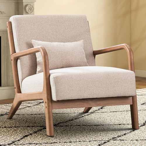 EBELLO Living Room Armchair, Modern Accent Chair with Solid Wood Frame, High Back Upholstered Reading Chair with Waist Cushion, Lounge Chairs for Living Room Bedroom Balcony, Beige