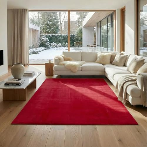 Jimri Flauschiger Teppich Läufer - Hochwertiger Kurzflor für Zuhause, Büro, Küche, Eingang, Flur, Wohnzimmer - Maschinenwaschbar - Rutschfester Teppich Waschbar - 120x160 cm - Rot