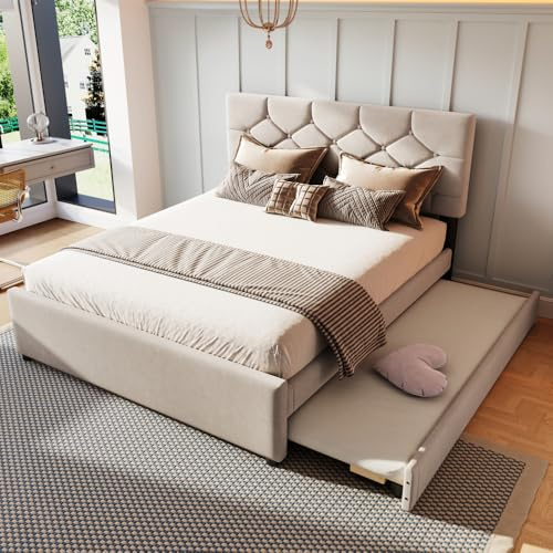 Wyibwy Letto imbottito 140x200cm con letto estraibile, Letto matrimoniale 140x200cm con letto estraibile e rete a doghe,tessuto in velluto, per adulti e ospiti, senza materasso,minimalista, beige