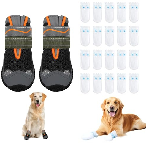 Meunhy Dog Boots for Injured Paws Waterproof, Dog Shoes for Injured Paws with 20 Pcs Disposable Pet Waterproof Foot Covers, Reflective, for Rainy Snowy Breathable, Hot Pavement (Black,S)