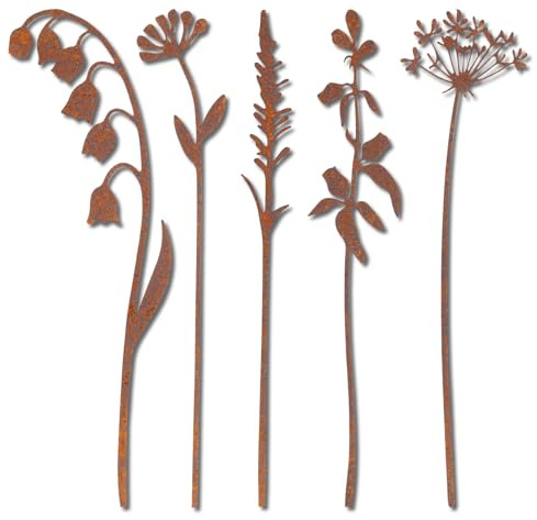 Qubitly 5PCS Metal Flowers, 5 Styles Outdoor Metal Garden Ornaments, Vibrant Garden Wall Art with Stakes for Outside Lawn Patio Decor, Outdoor Decorative Ornament for Women