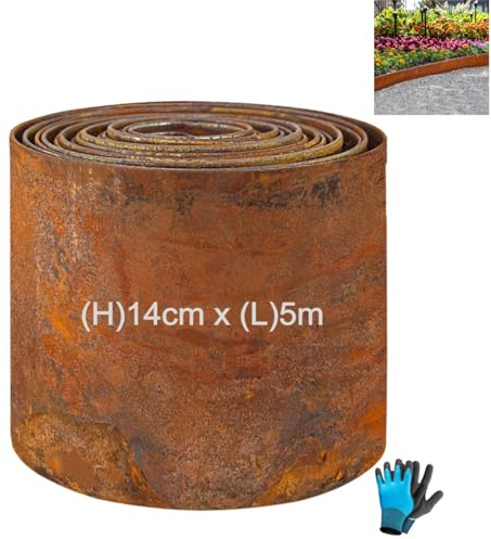 Bordo Per Prato In Acciaio Corten, 5m(L) X14cm(H) Bordatura Per Aiuole In Metallo, Bordo per Aiuole Con Ruggine, Facile da Montare, Bordo per Aiuole, Sentieri da Giardino, Con 1 Paio di Guanti