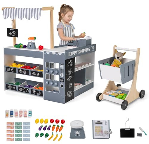 GYMAX Kids Grocery Store, Wooden Role Play Shop with Shopping Cart, Blackboards, Display Shelves and Play Foods, Children Supermarket Playset for 3 Years Old+