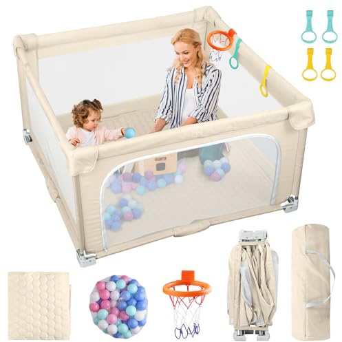 eSynic Parque Bebé Plegable 150x150 cm Corralito Grande con Colchoneta Centro de Actividades Infantil Interior Exterior Malla Transpirable con 50 Bolas 4 Asas y Canasta