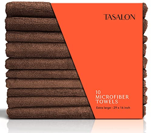 TASALON Microfiber Hair Towel for Salon, 10 Piece Towel Set | 74 x 40 cm, Quick Dry, Bleach Resistant, Ultra-Soft Face Towels, Hair Towel Wrap, Brown