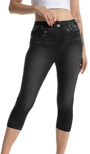 Dam 3/4 denim look leggings, hög stretch, magkontroll, smal passform, capri yogabyxor med fickor, elastisk midja, snäv passform, fitnessbyxor, sommar, bekväma damleggings med fickor, 001 svart, 3XL