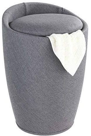 WENKO Badhocker Mod. Candy Leinen Optik Grau, Hocker mit Stauraum für das Badezimmer und Wohnzimmer, integrierter Wäschesammler, ABS-Kunststoff, BPA-frei, Fassungsvermögen 20 L, Ø 36 x 50,5 cm