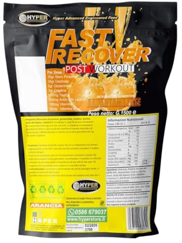 Integratori Recupero Muscolare FAST RECOVER 1,5kg Arancia POST WORKOUT Aumento Massa Muscolare Integratore per Sportivi Contro la Stanchezza Fisica Proteine Whey Destrosio Glutammina Creatina Taurina