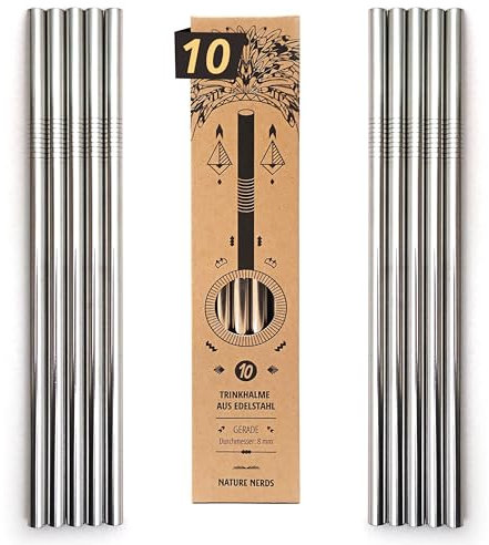 Nature Nerds - cannucce riutilizzabili in acciaio inossidabile (10 pezzi + spazzola per la pulizia) tubi per bere - confezionati senza plastica - (dritti)